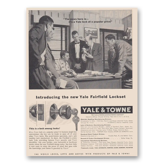 1953 Yale & Towne Yale Fairfield Lockset Vintage Magazine Print Ad