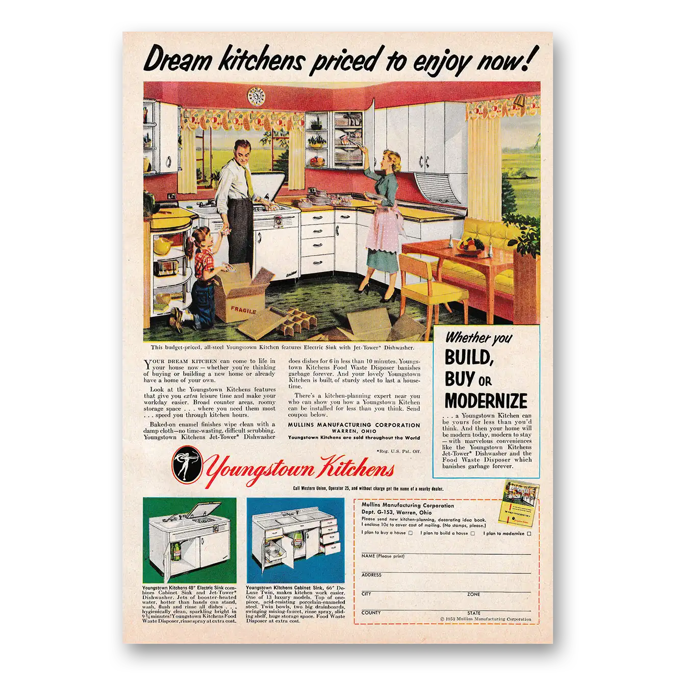 1953 Youngstown Kitchens Dream Kitchens Priced to Enjoy Now Vintage Magazine Print Ad