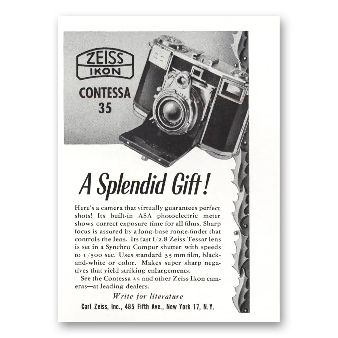 1953 Zeiss Ikon Camera Splendid Gift Vintage Magazine Print Ad