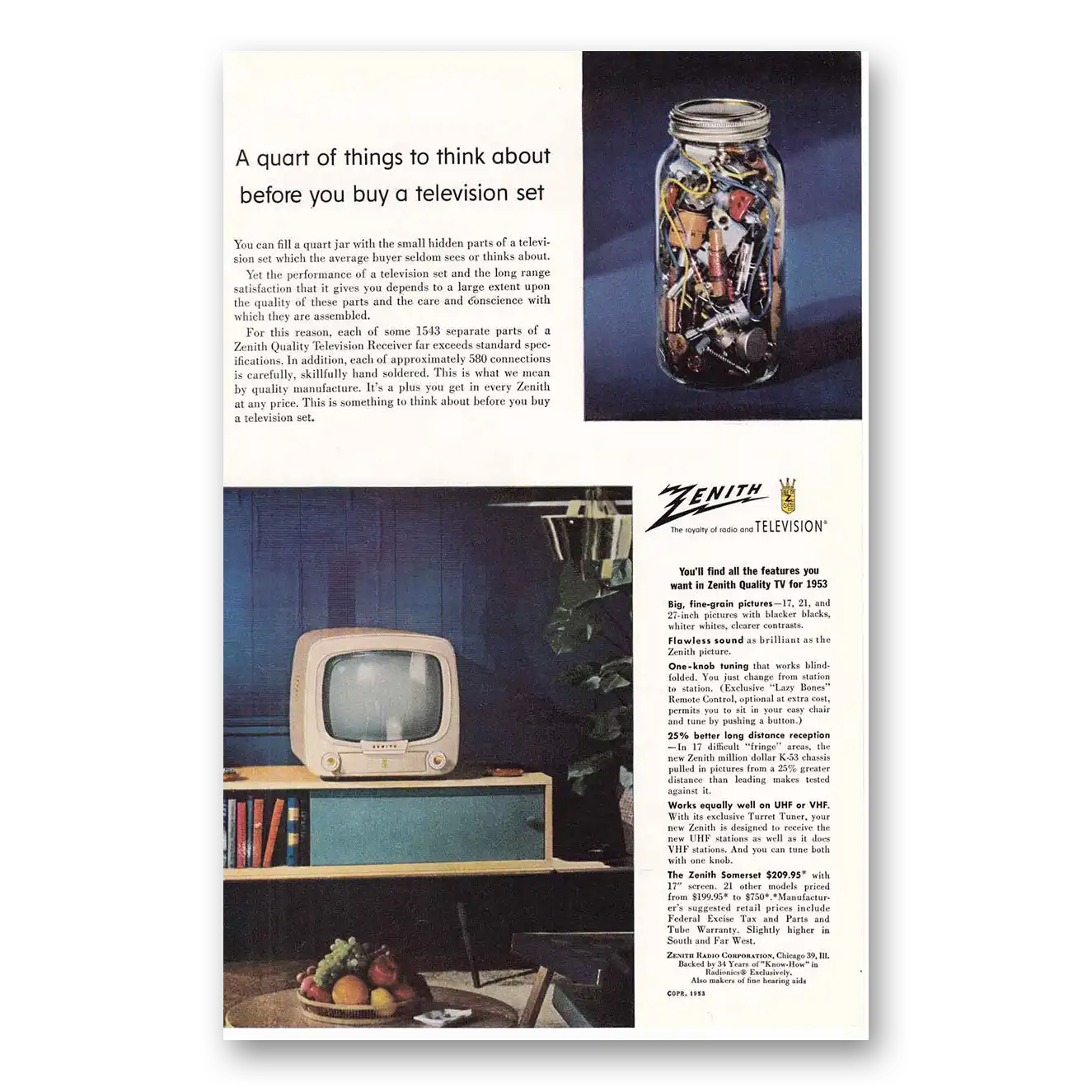 1953 Zenith Television Quart of Things Vintage Magazine Print Ad