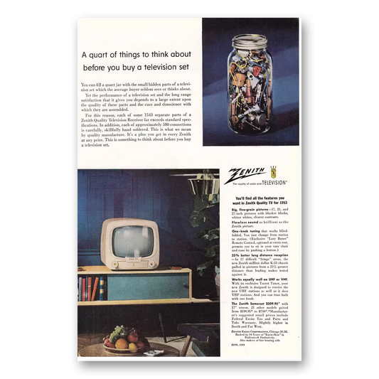 1953 Zenith Television Quart of Things Vintage Magazine Print Ad