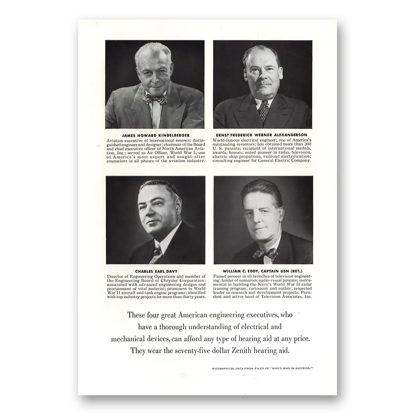 1953 Zenith Hearing Aid Great American Engineering Executives Vintage Magazine Print Ad