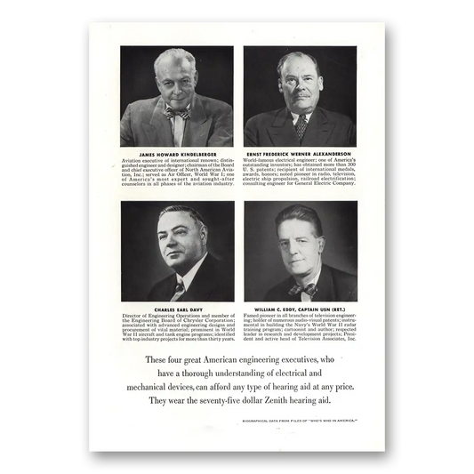 1953 Zenith Hearing Aid Great American Engineering Executives Vintage Magazine Print Ad