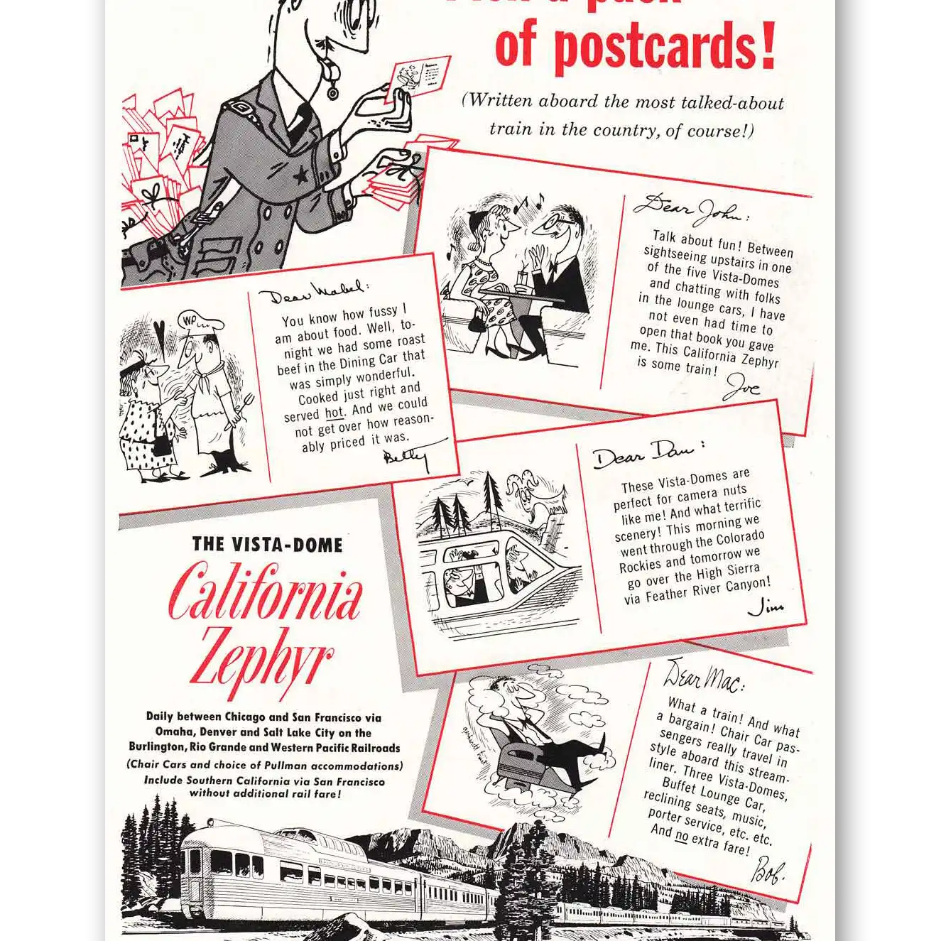 1953 California Zephyr Western Pacific Postcards Vintage Magazine Print Ad