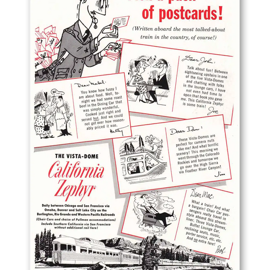 1953 California Zephyr Western Pacific Postcards Vintage Magazine Print Ad