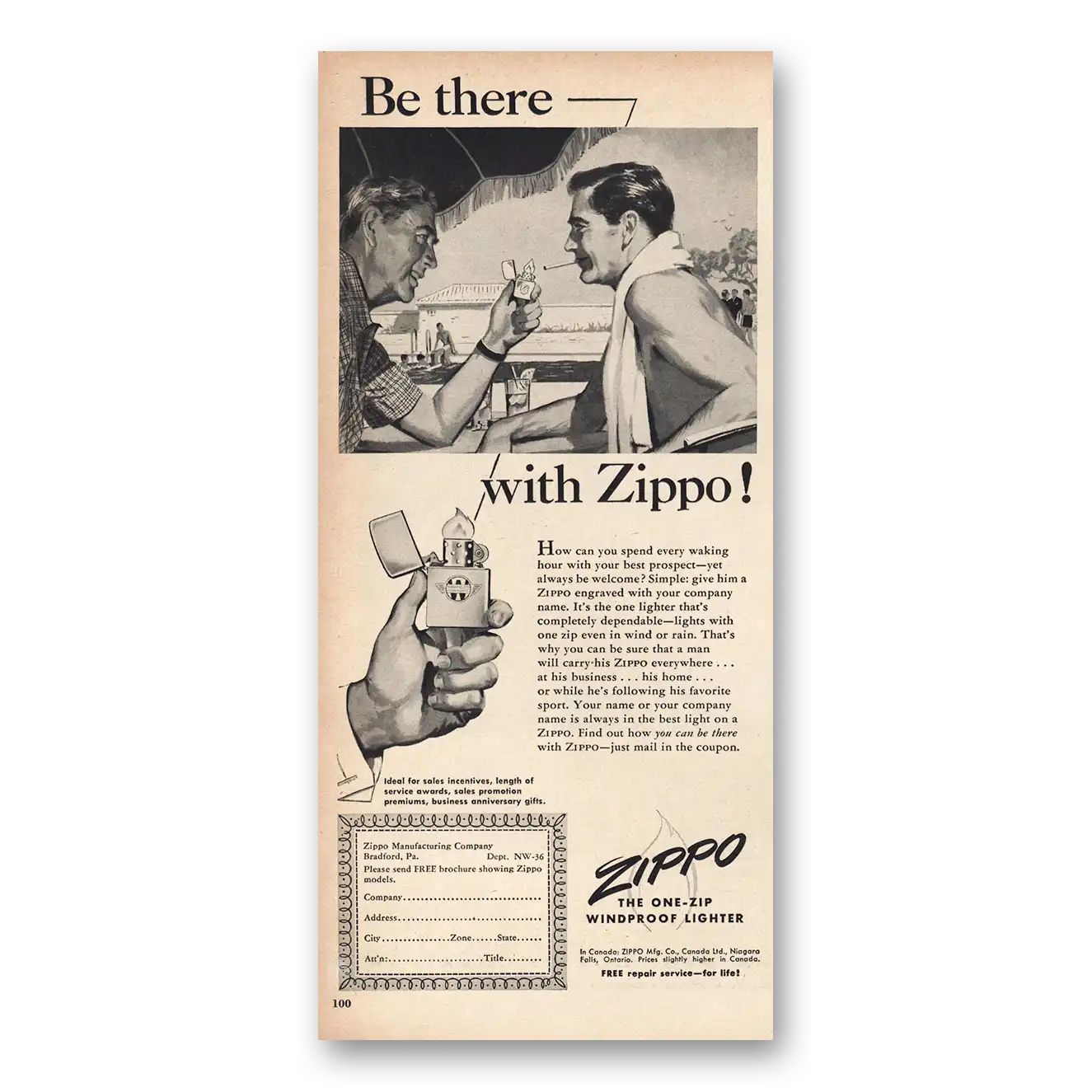 1953 Zippo Lighter Be There With Zippo Vintage Magazine Print Ad