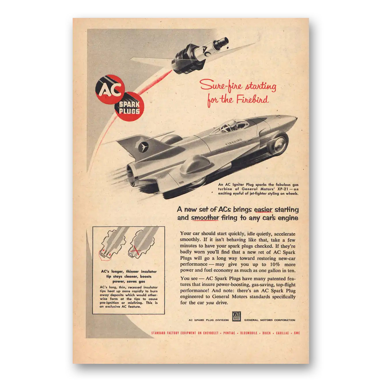 1954 AC Spark Plugs Sure Fire Starting Firebird Vintage Magazine Print Ad