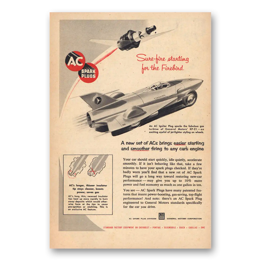 1954 AC Spark Plugs Sure Fire Starting Firebird Vintage Magazine Print Ad