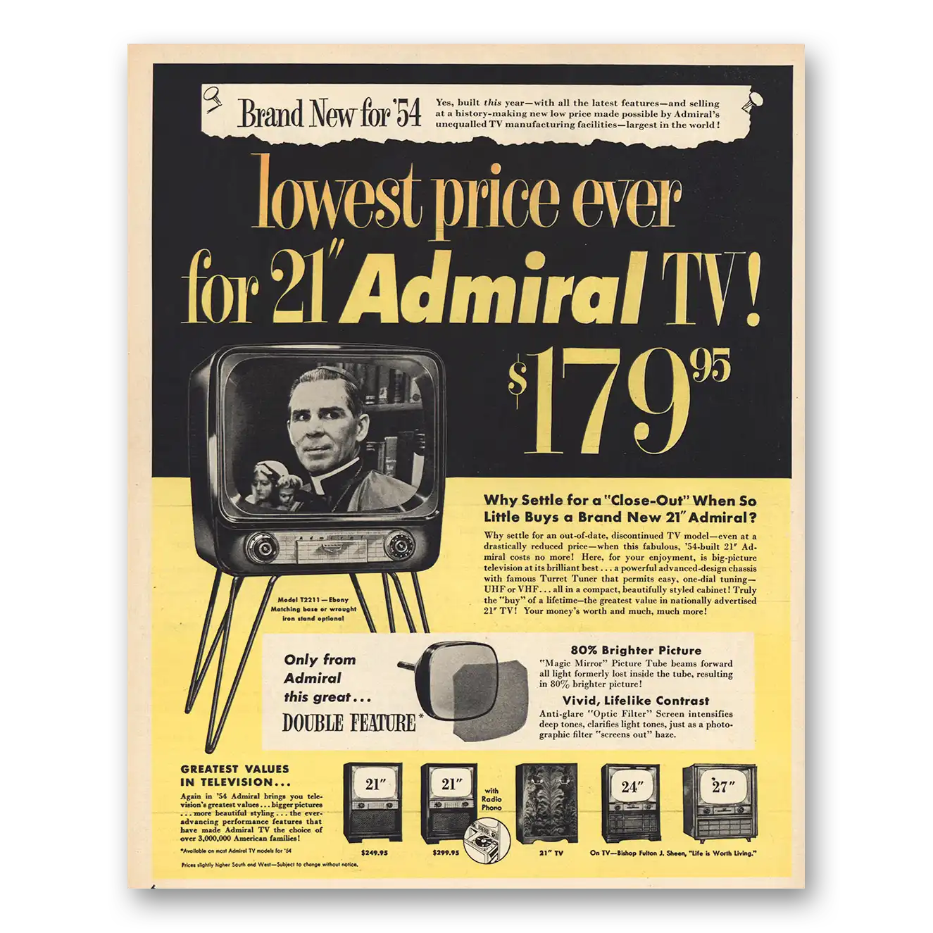 1954 Admiral Television Lowest Price Ever Vintage Magazine Print Ad