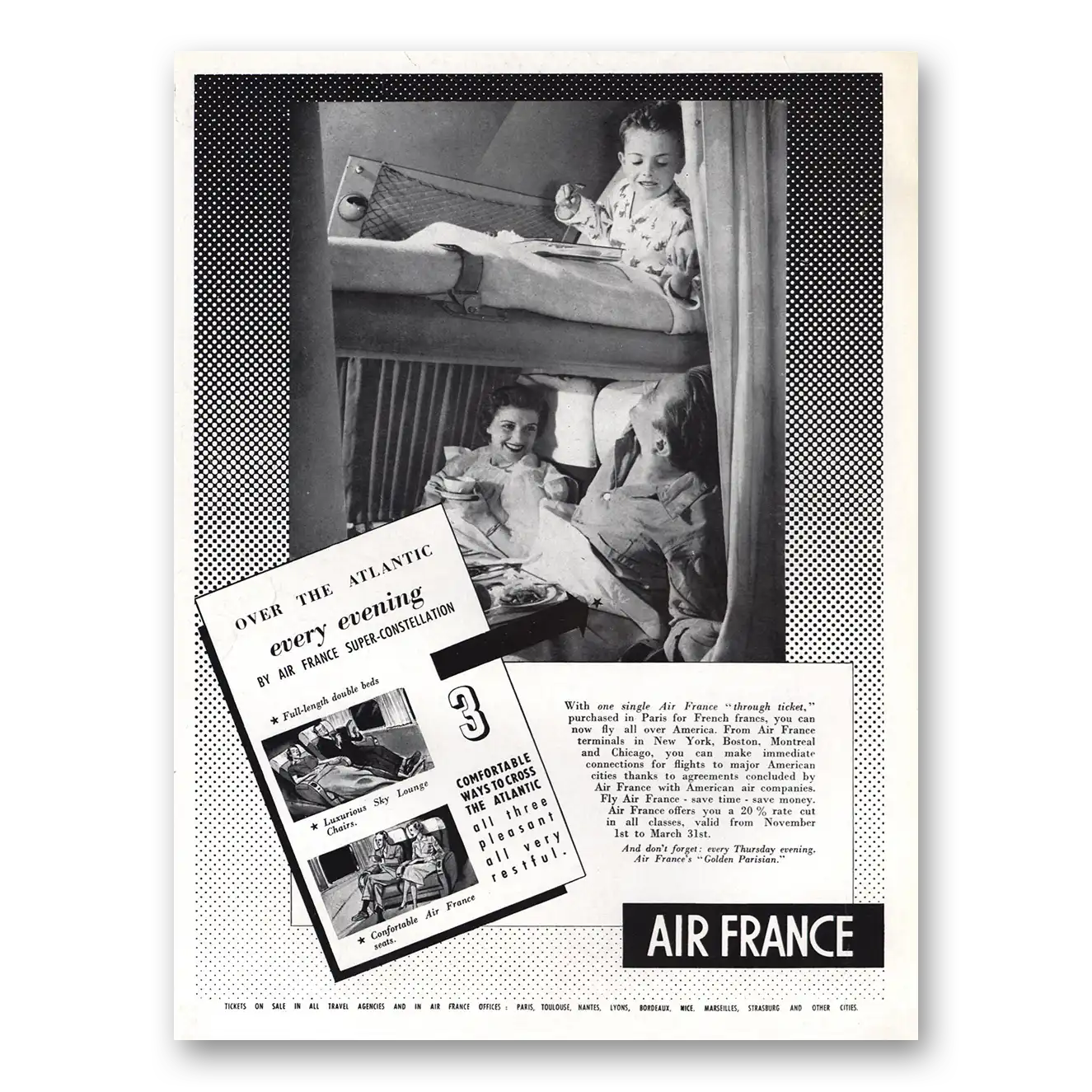 1954 Air France Over the Atlantic Every Evening Vintage Magazine Print Ad