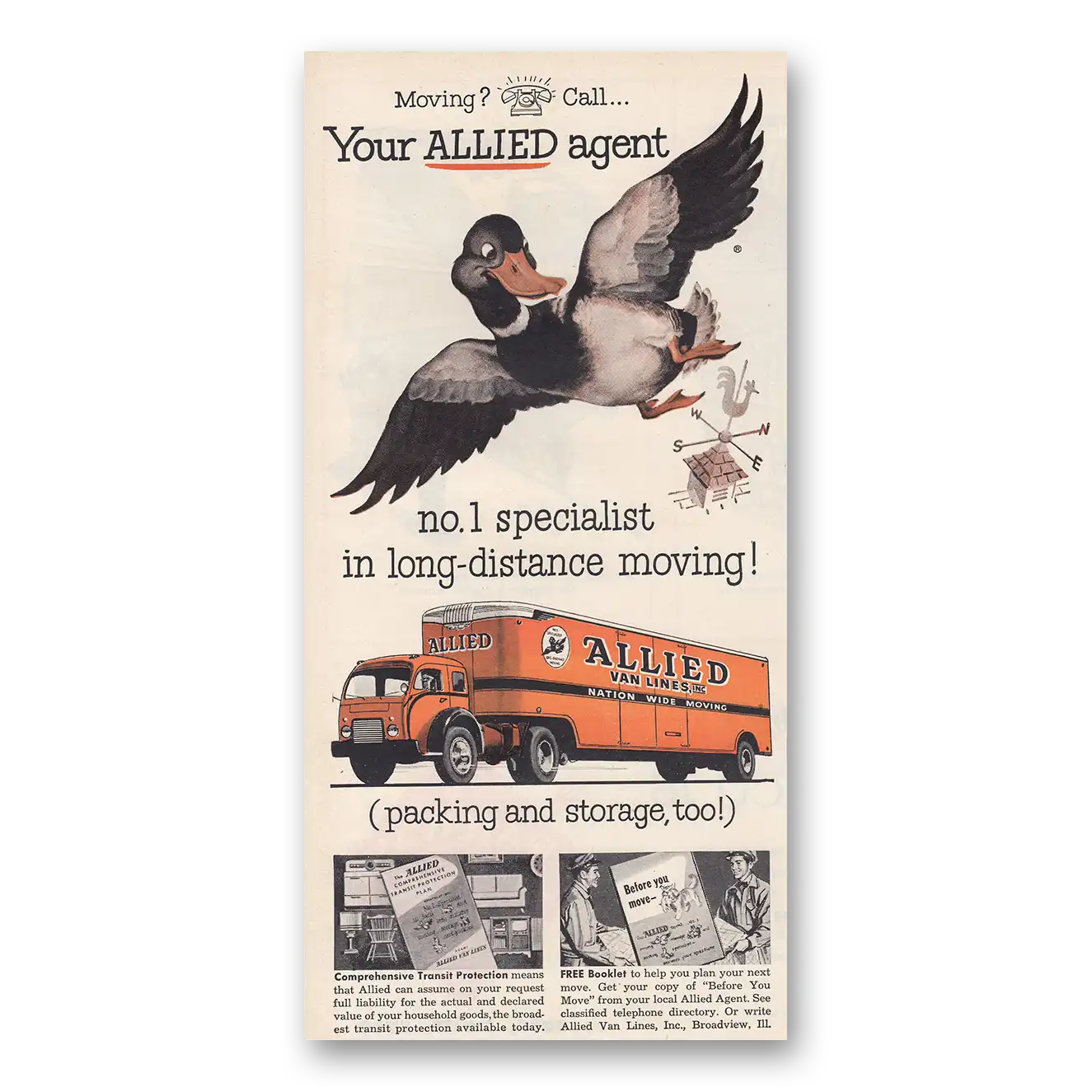 1954 Allied Van Lines Specialist In Long Distance Moving Vintage Magazine Print Ad