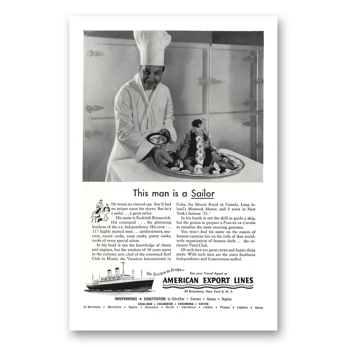 1954 American Export Lines Rudolph Kressevich Vintage Magazine Print Ad