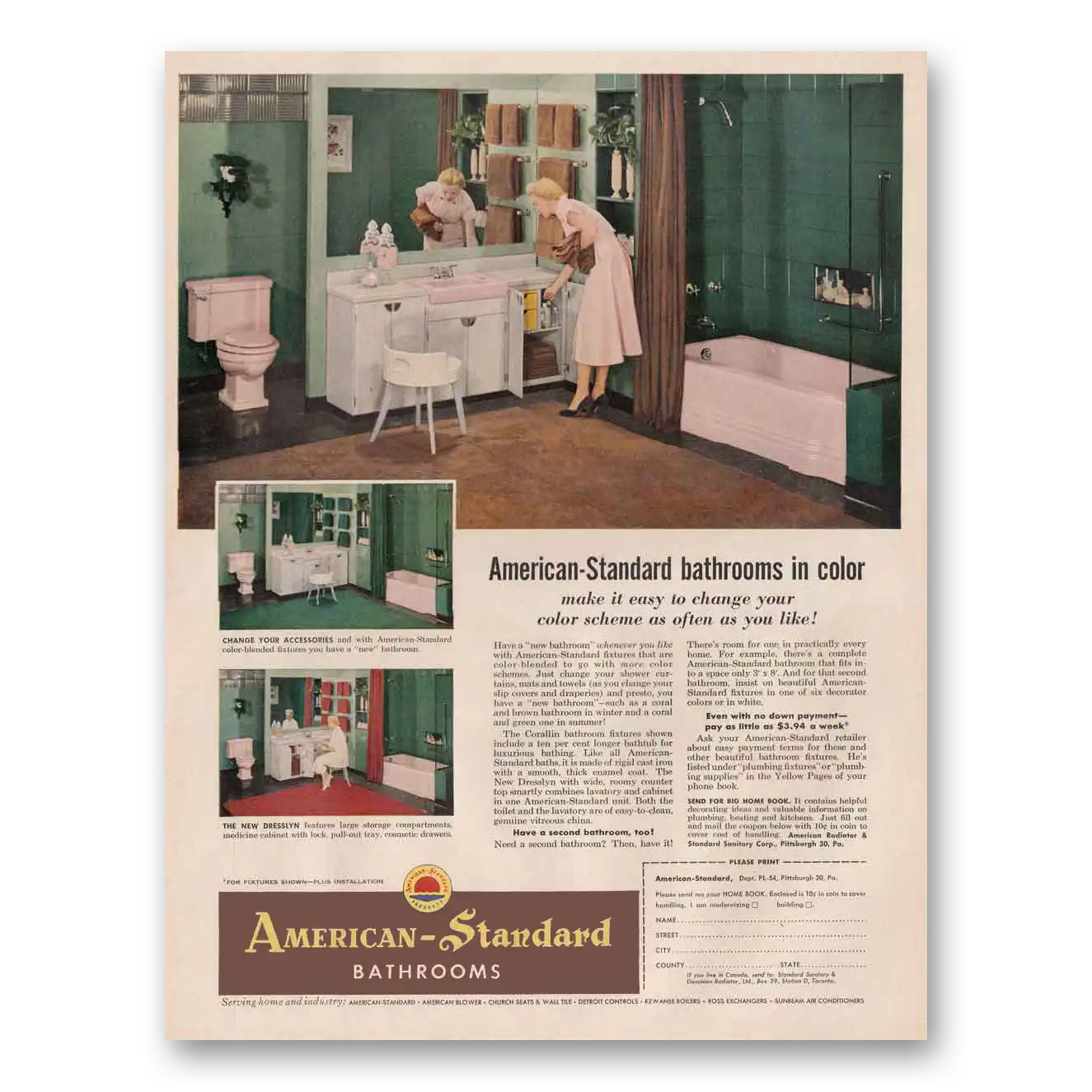 1954 American Standard Bathrooms Change Your Color Scheme Vintage Magazine Print Ad