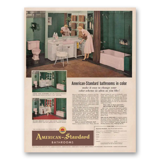 1954 American Standard Bathrooms Change Your Color Scheme Vintage Magazine Print Ad