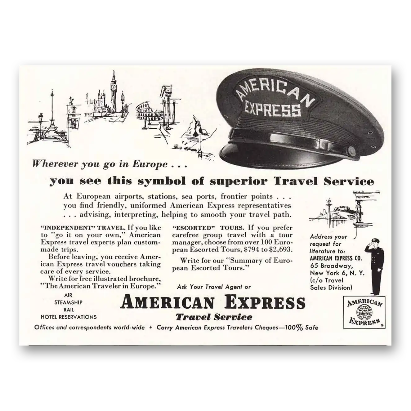 1954 American Express Travel Service Wherever You Go In Europe Vintage Magazine Print Ad