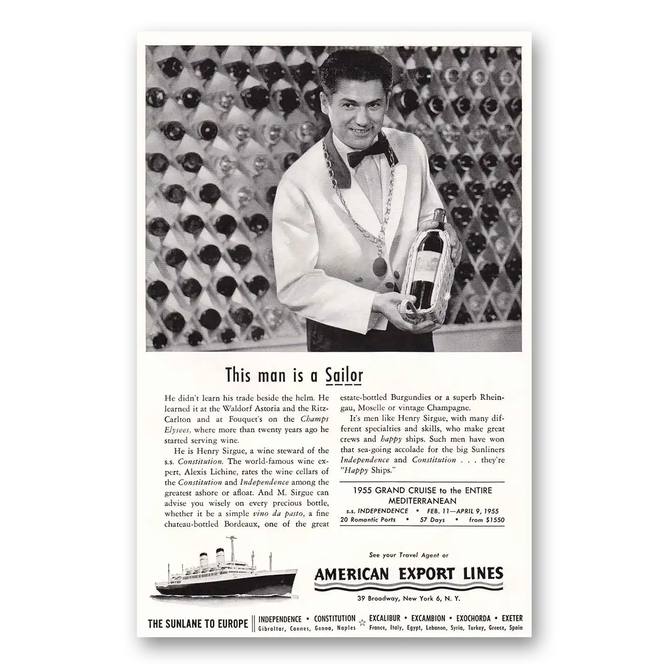 1954 American Export Lines Wine Steward This Man Is a Sailor Vintage Magazine Print Ad