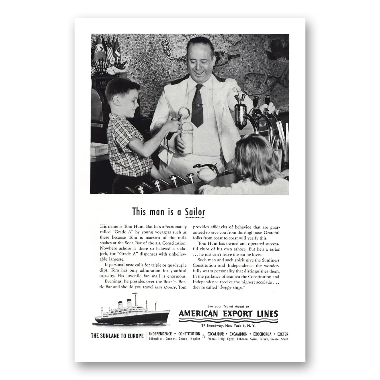 1954 American Export Lines Man Sailor Tom Hunt Vintage Magazine Print Ad