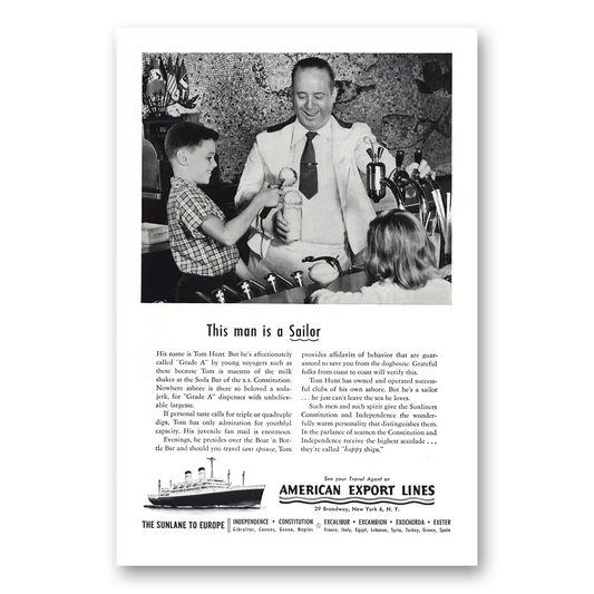 1954 American Export Lines Man Sailor Tom Hunt Vintage Magazine Print Ad