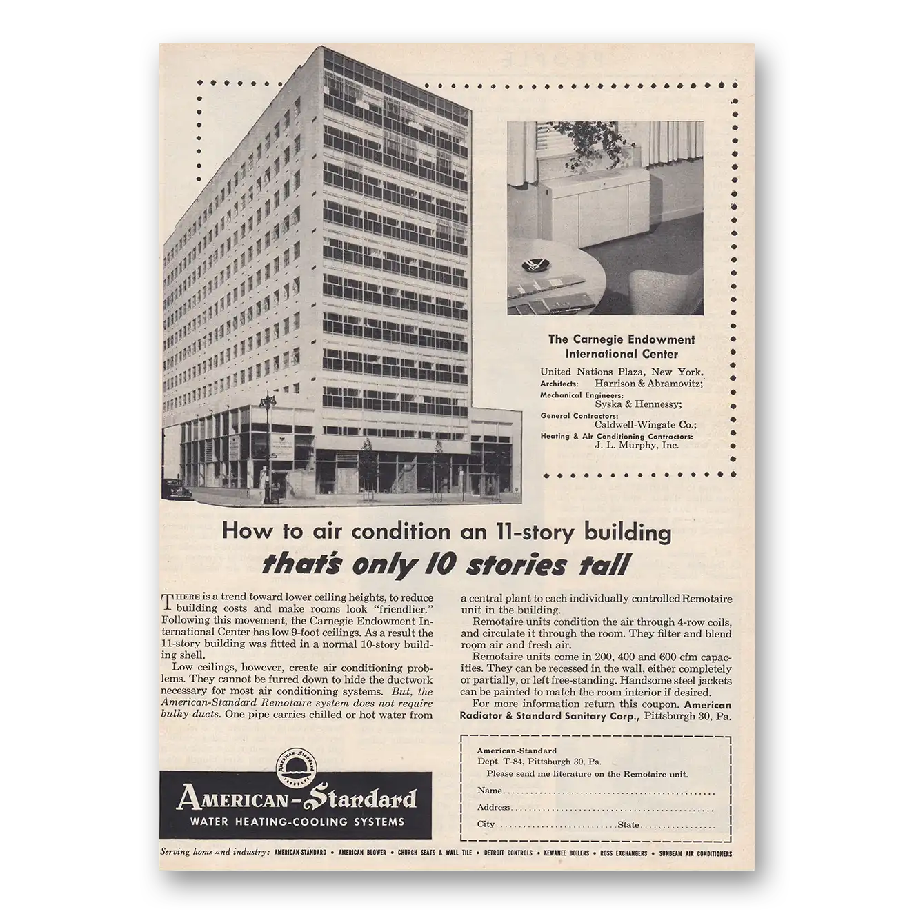 1954 American Standard Air Condition An 11 Story Building Vintage Magazine Print Ad