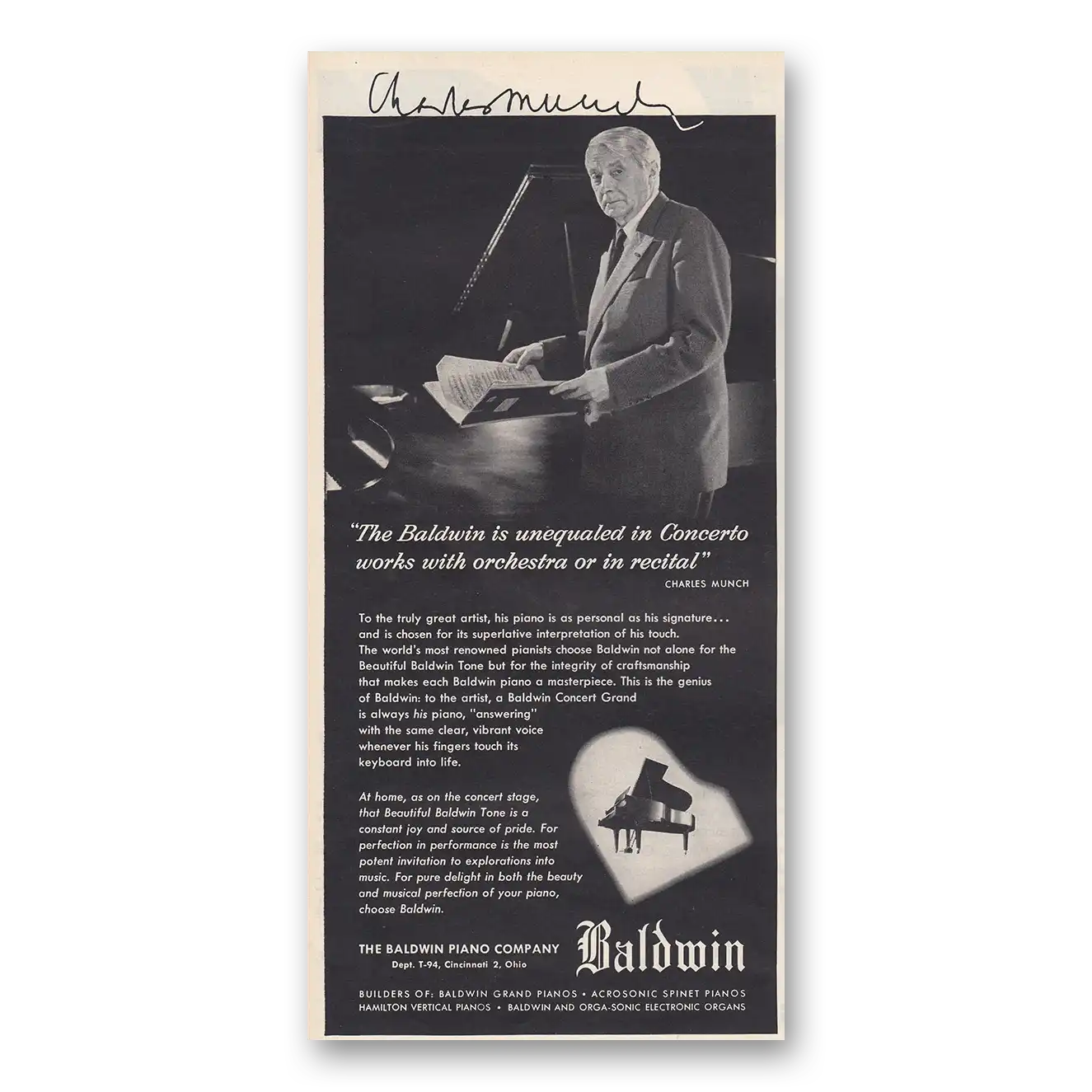 1954 Baldwin Piano Unequaled in Concerto Charles Munch Vintage Magazine Print Ad