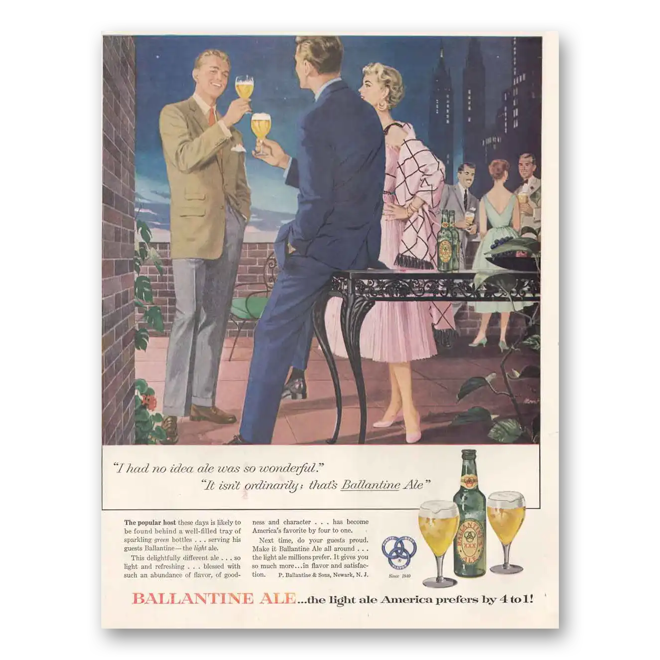 1954 Ballantines Ale Skyline I Had No Idea Vintage Magazine Print Ad