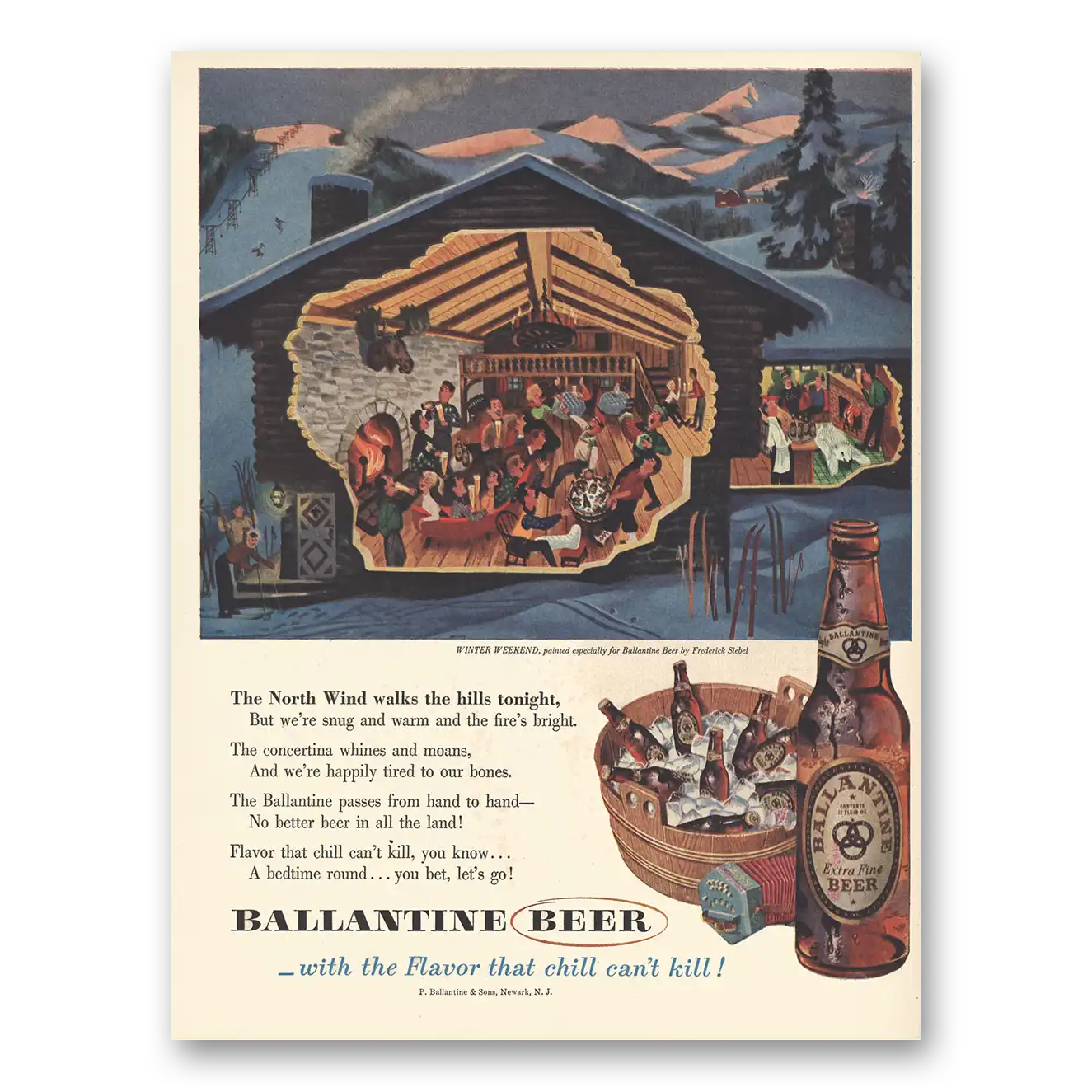 1954 Ballantines Ale North Wind Walks the Hills Tonight Vintage Magazine Print Ad