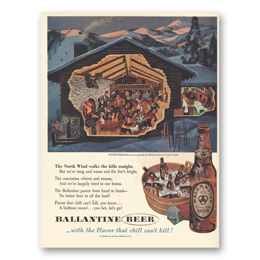 1954 Ballantines Ale North Wind Walks the Hills Tonight Vintage Magazine Print Ad