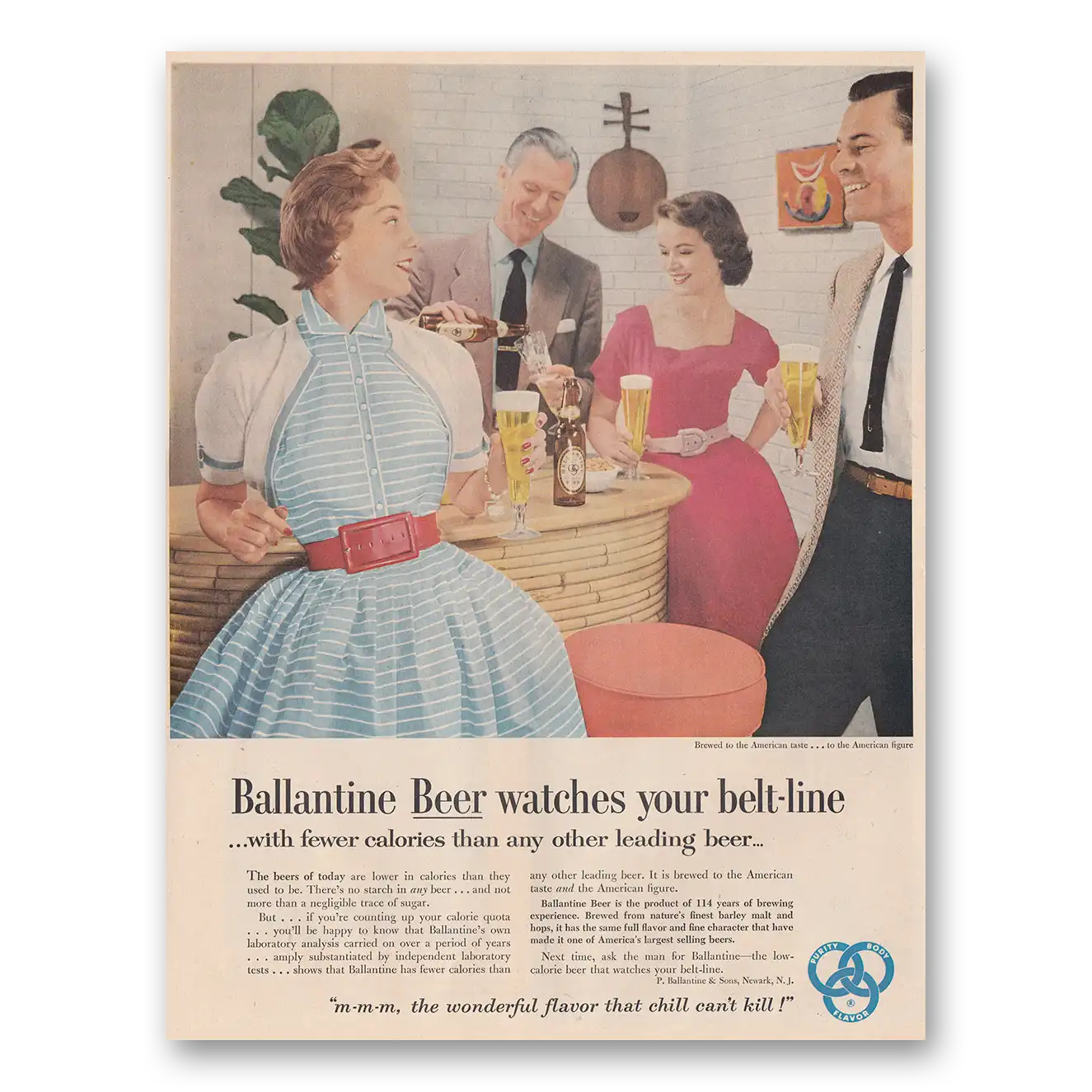 1954 Ballantines Ale Watches Your Belt Line Vintage Magazine Print Ad