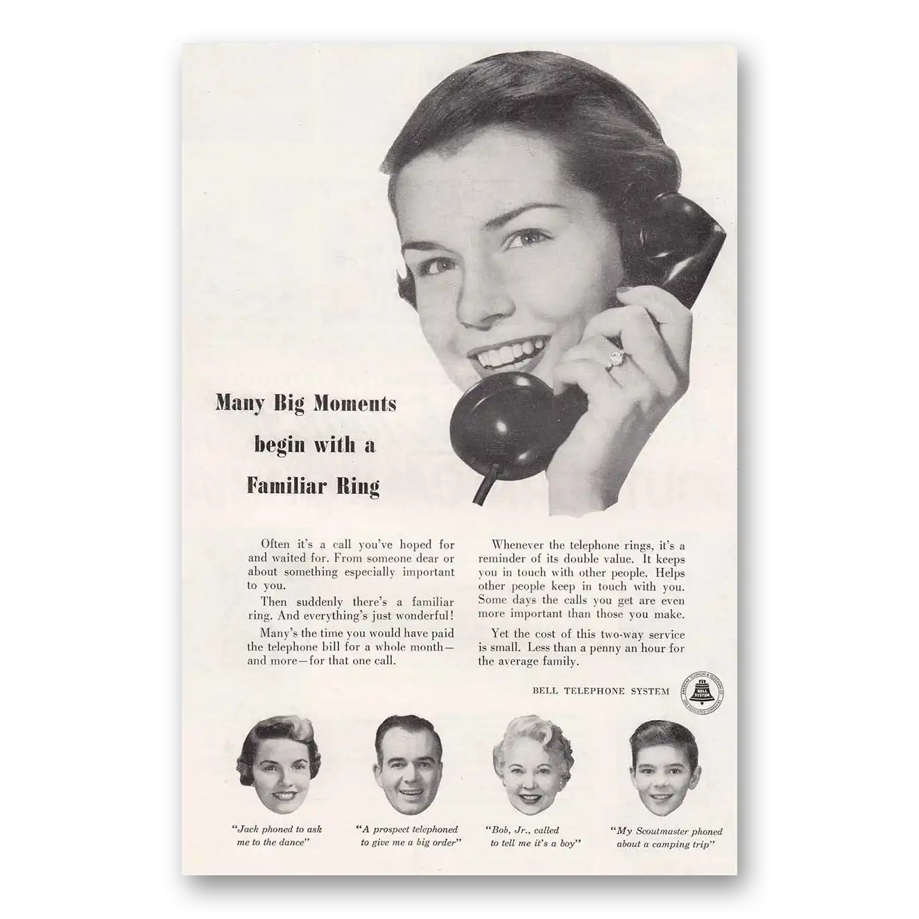 1954 Bell Telephone Many Big Moments Begin with a Familiar Ring Vintage Magazine Print Ad