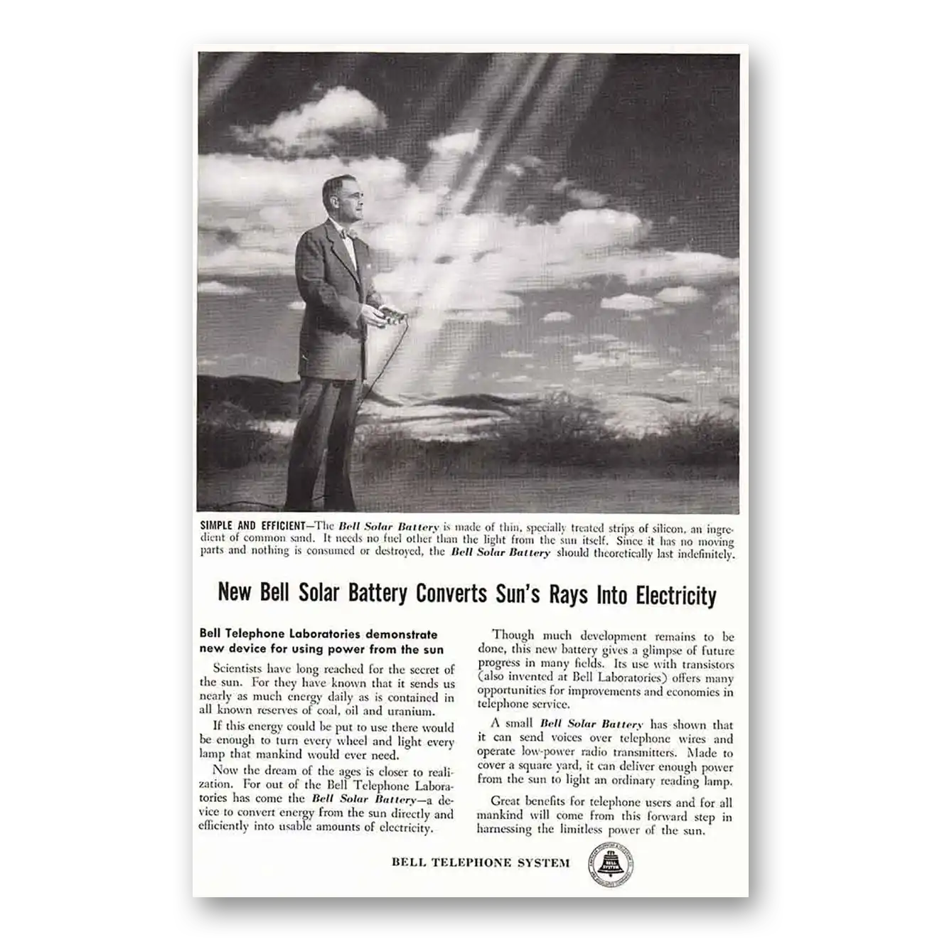 1954 Bell Telephone New Bell Solar Battery Vintage Magazine Print Ad