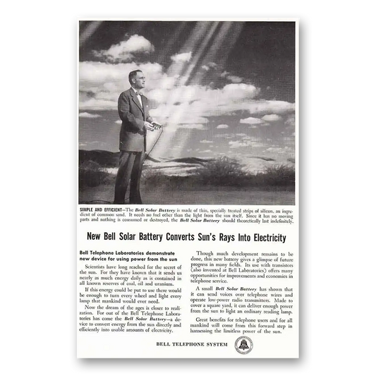 1954 Bell Telephone New Bell Solar Battery Vintage Magazine Print Ad