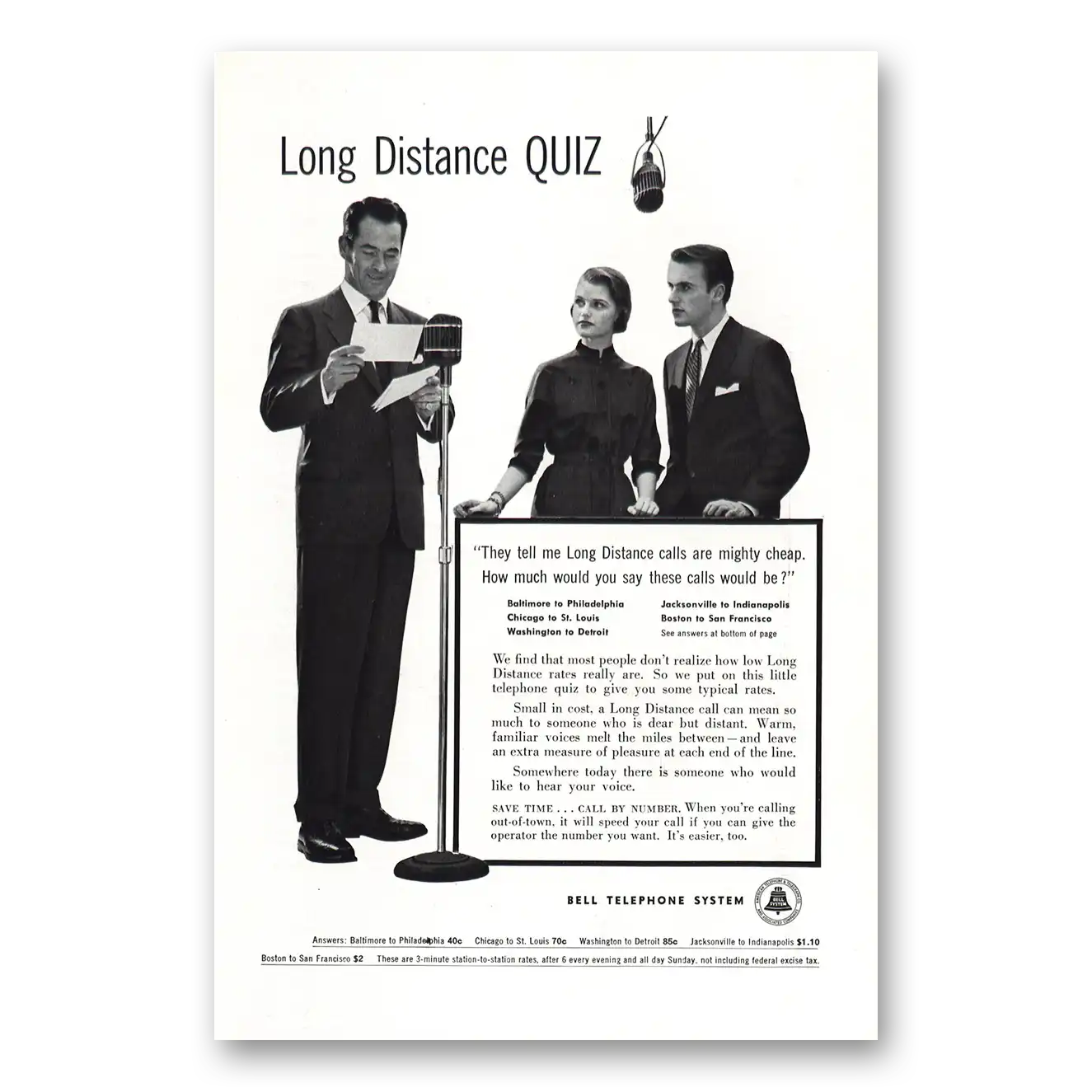 1954 Bell Telephone Long Distance Quiz Vintage Magazine Print Ad