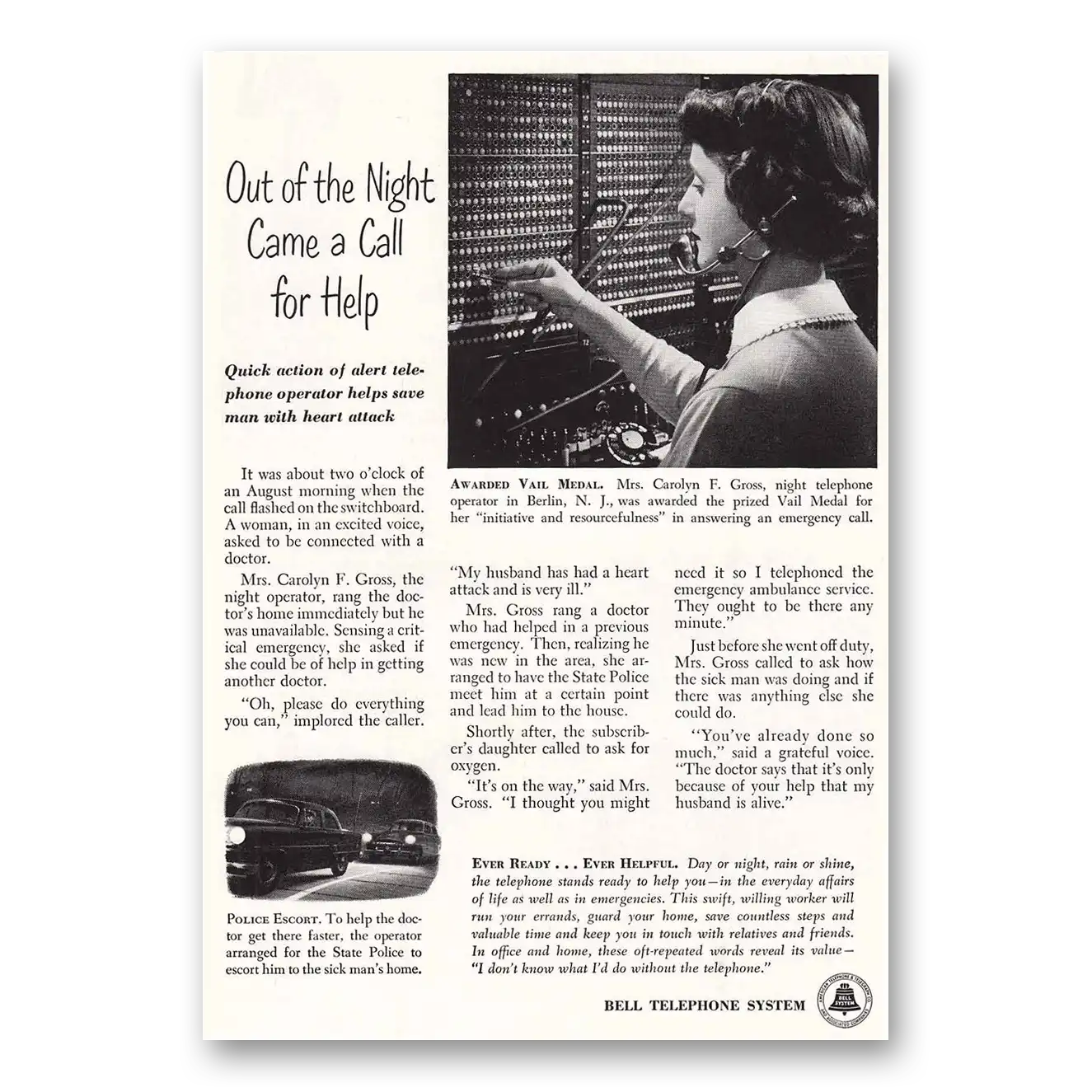 1954 Bell Telephone Out of the Night Vintage Magazine Print Ad