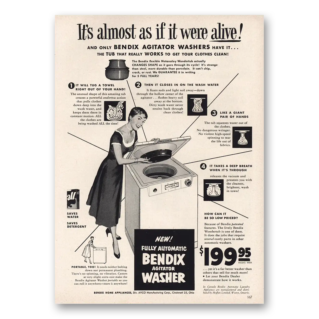 1954 Bendix Washer Agitator Washer Almost As If It Were Alive Vintage Magazine Print Ad