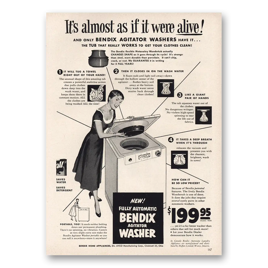 1954 Bendix Washer Agitator Washer Almost As If It Were Alive Vintage Magazine Print Ad