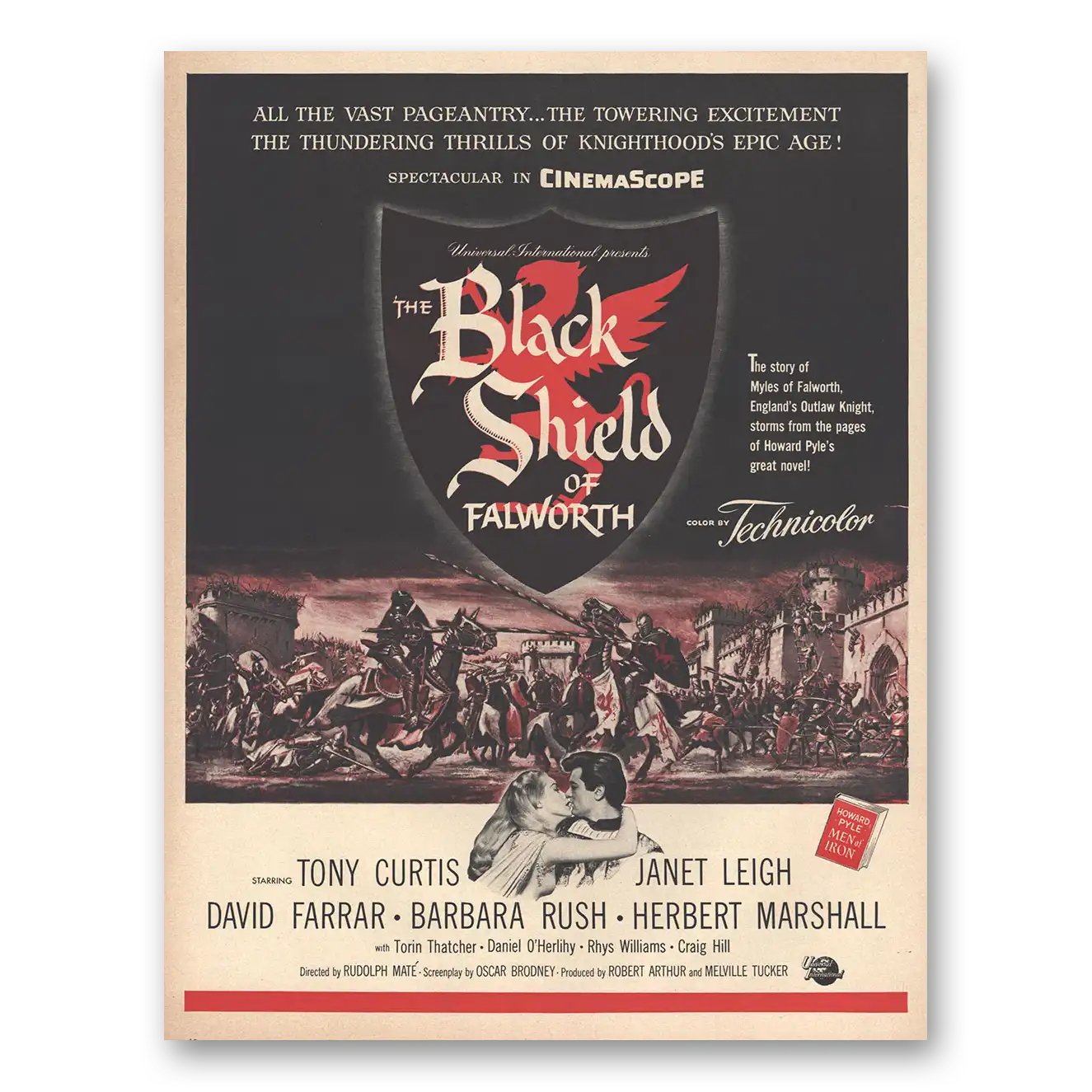 1954 Black Shield of Falworth Movie Promo Tony Curtis and Janet Leigh Vintage Magazine Print Ad