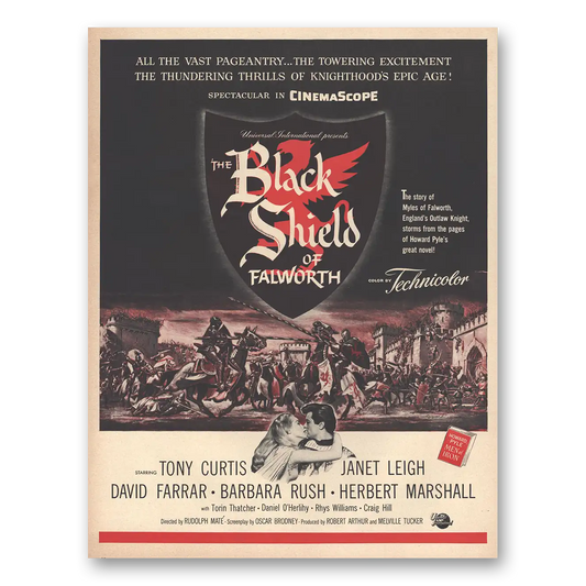 1954 Black Shield of Falworth Movie Promo Tony Curtis and Janet Leigh Vintage Magazine Print Ad