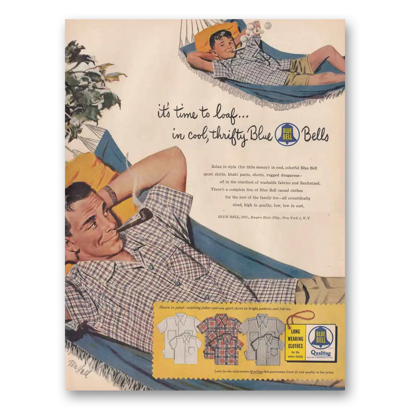 1954 Blue Bell Clothes Quilting Its Time to Loaf Vintage Magazine Print Ad