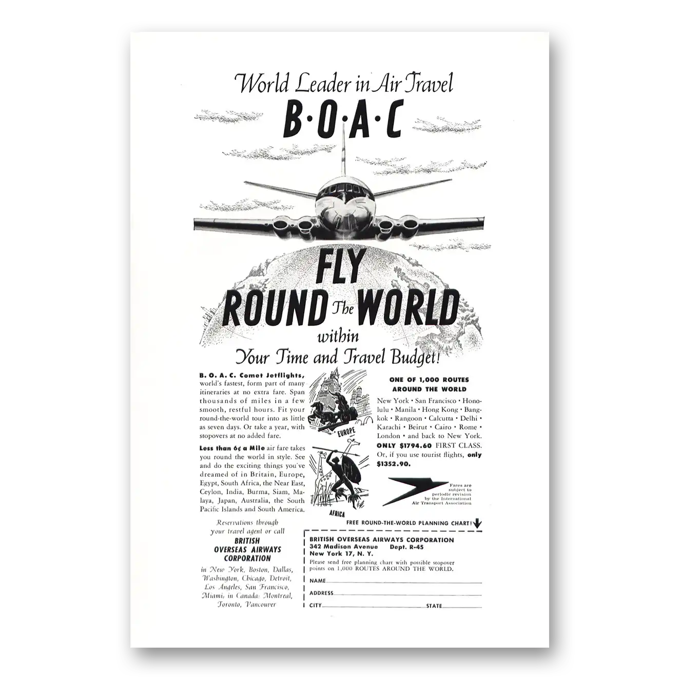 1954 British Airways BOAC World Leader in Air Travel Vintage Magazine Print Ad