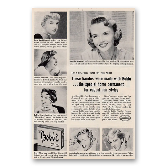 1954 Bobbi Pin Curl Permanent No Tight Fussy Curls Vintage Magazine Print Ad