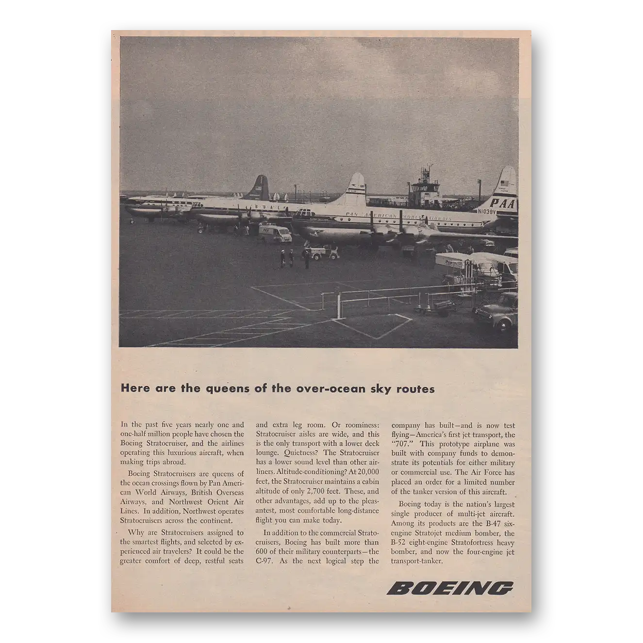 1954 Boeing Stratocruiser Queen of the Over Ocean Sky Routes Vintage Magazine Print Ad