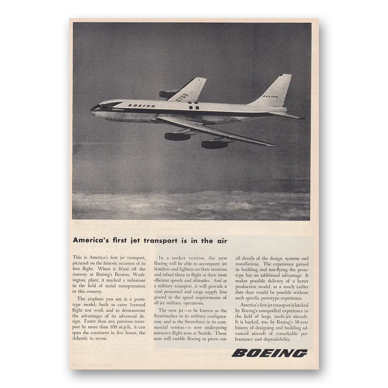 1954 Boeing Americas First Jet Transport Is In the Air Vintage Magazine Print Ad