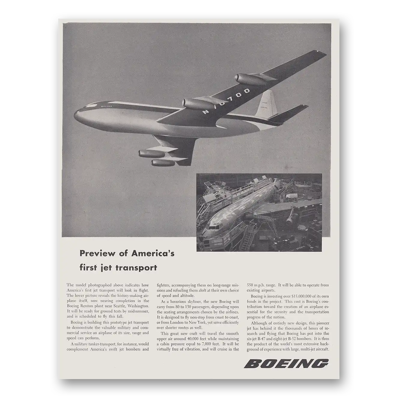 1954 Boeing Preview of Americas First Jet Transport Vintage Magazine Print Ad