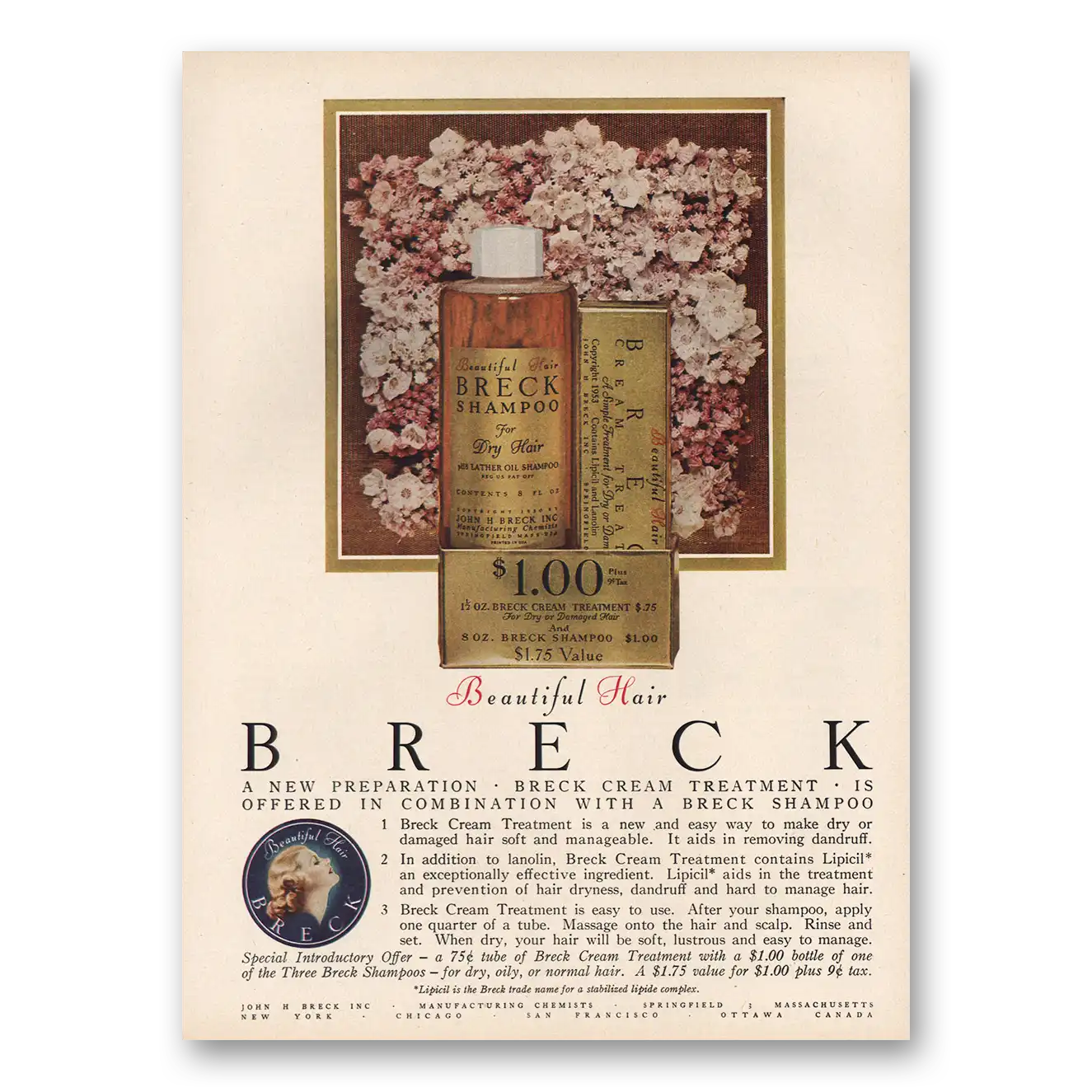 1954 Breck Shampoo Beautiful Hair Vintage Magazine Print Ad