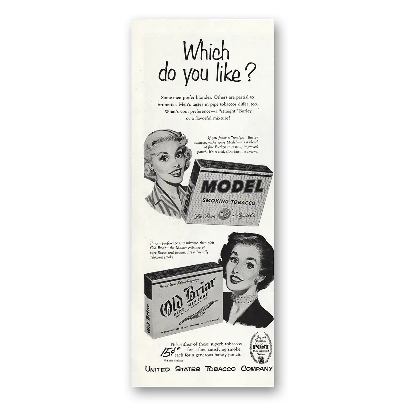 1954 Old Briar Tobacco Which Do You Like Vintage Magazine Print Ad