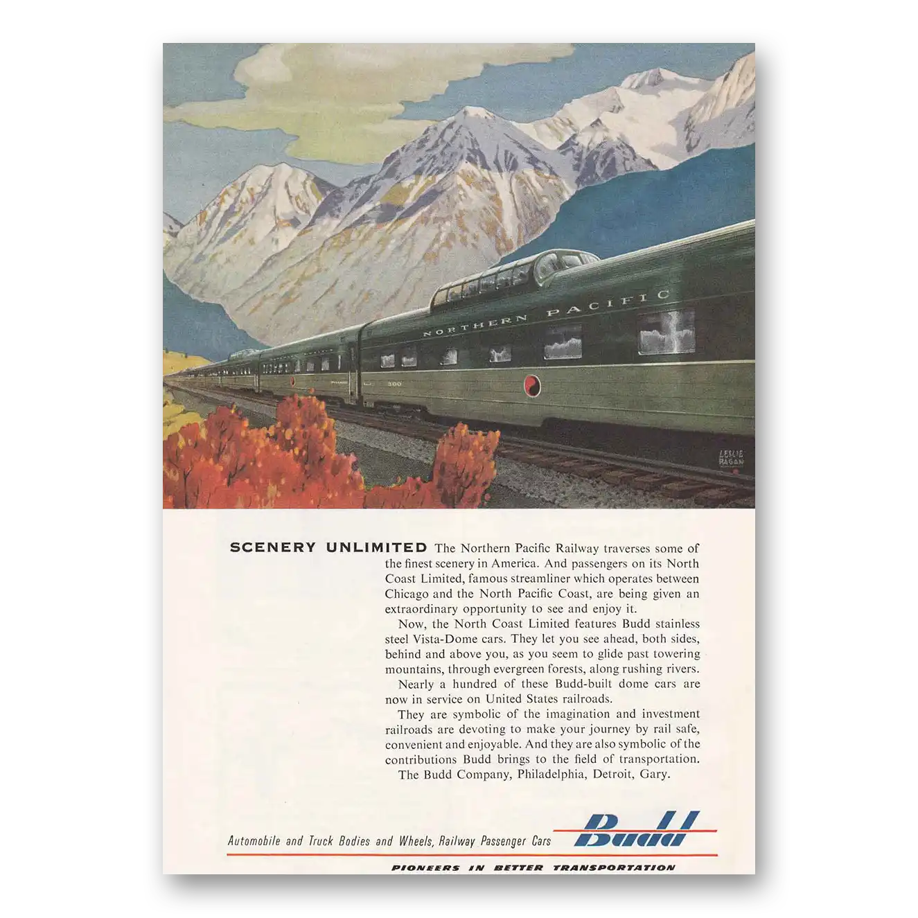 1954 Budd Scenery Unlimited Northern Pacific Railway Vintage Magazine Print Ad