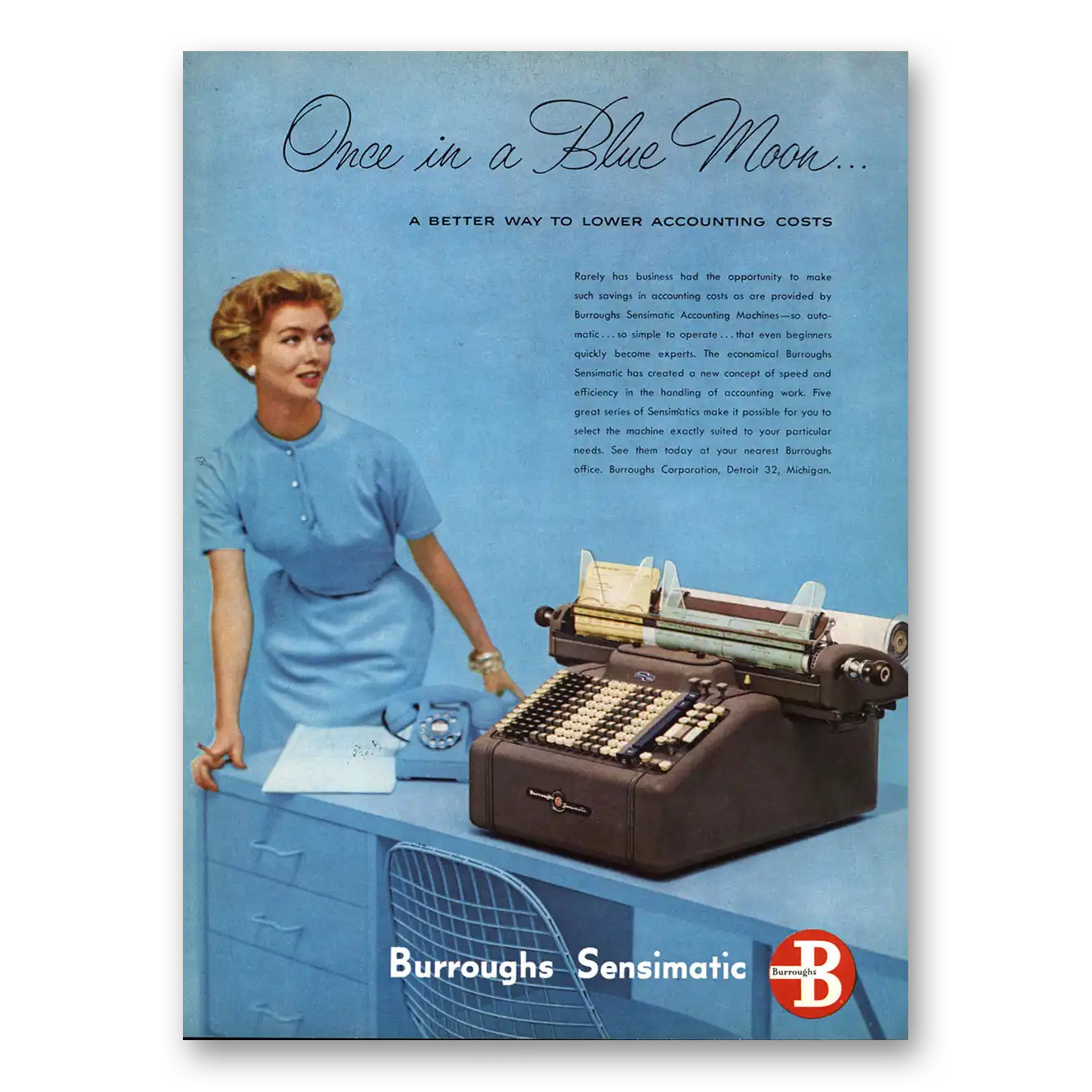 1954 Burroughs Sensimatic Once In a Blue Moon Vintage Magazine Print Ad