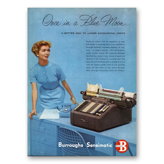 1954 Burroughs Sensimatic Once In a Blue Moon Vintage Magazine Print Ad