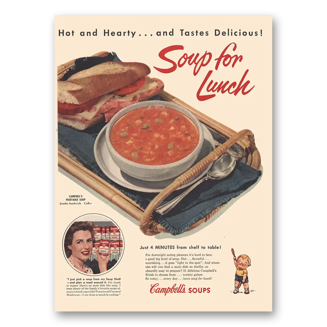 1954 Campbells Vegetable Soup Soup for Lunch Vintage Magazine Print Ad