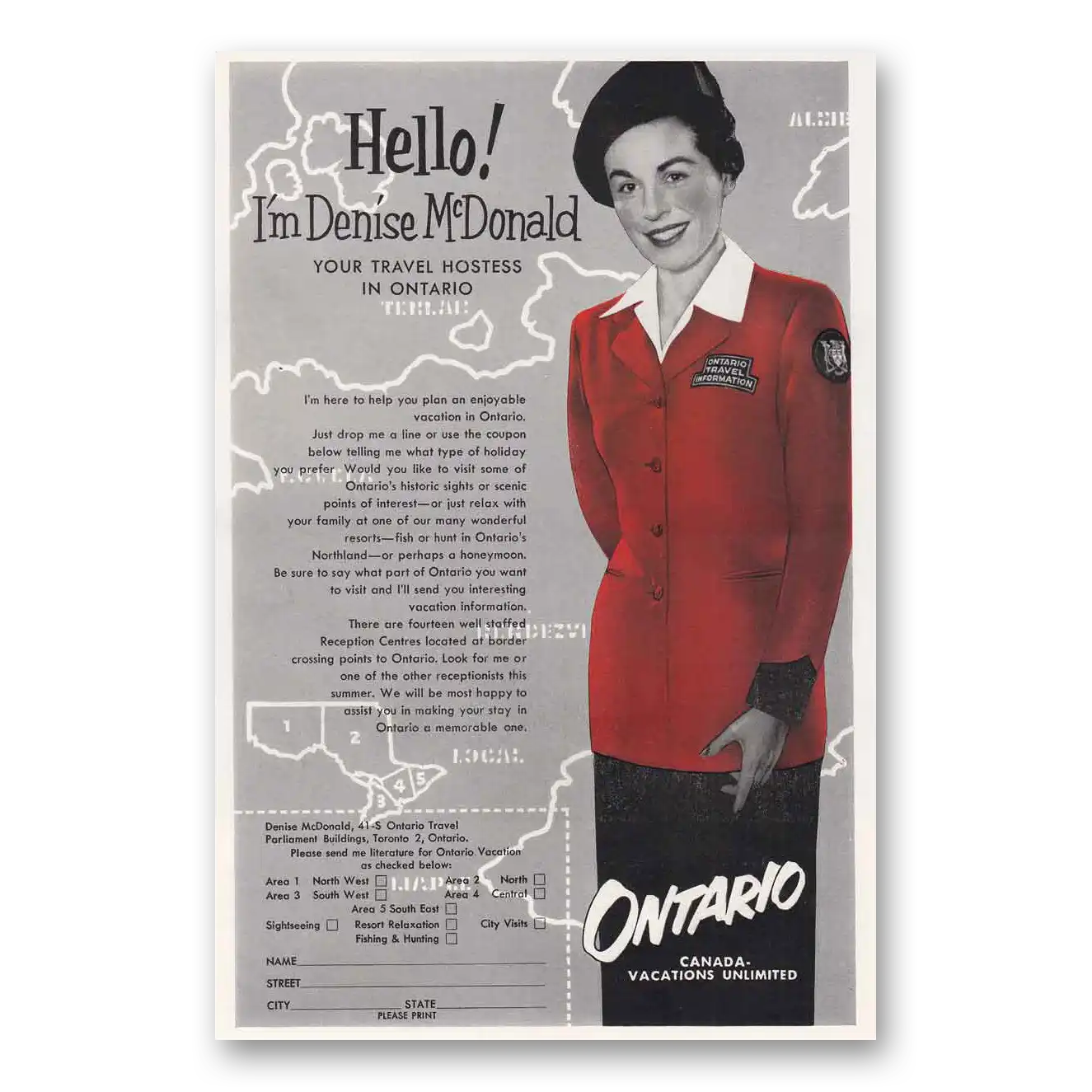 1954 Ontario Canada Denise McDonald Travel Hostess Vintage Magazine Print Ad